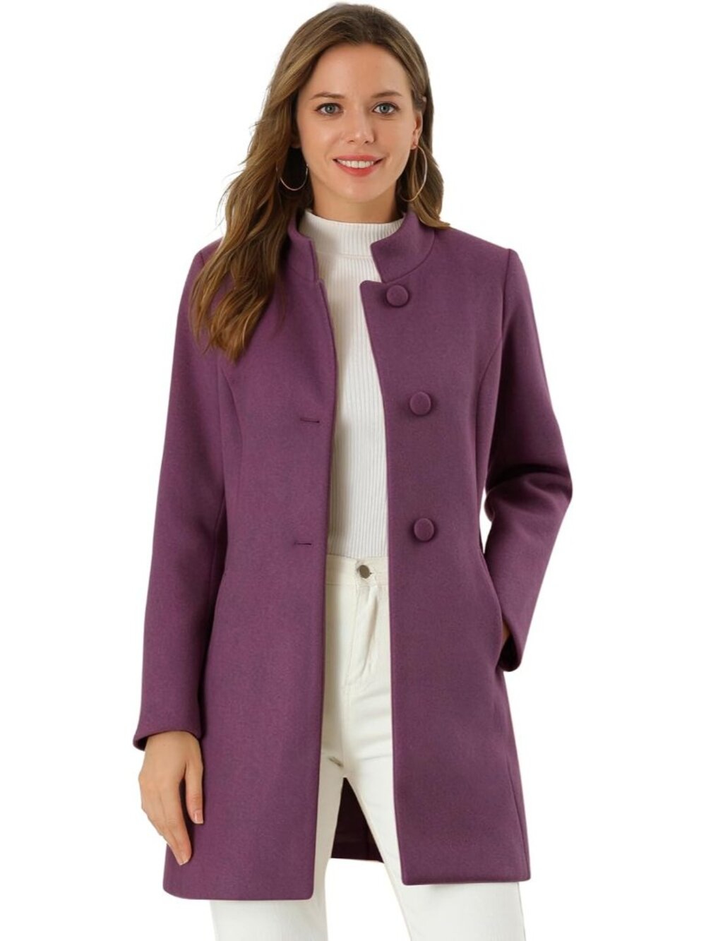 Women's Grey Purple Winter Overcoat Mid Long Stand Single Breasted Pea Coat